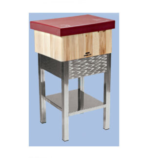 F- Tajo de 4 patas de acero-inox con faldón (Ref I) con taco de madera fabricado en cuadradillo + 5cm polietileno. Sin portacuchillos. Altura total 85cm. En Blanco (Ref +B) y en Rojo (Ref +R)