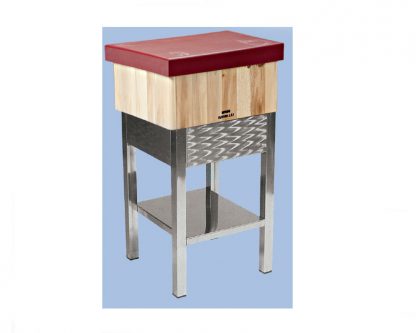 F- Tajo de 4 patas de acero-inox con faldón (Ref I) con taco de madera fabricado en cuadradillo + 5cm polietileno. Sin portacuchillos. Altura total 85cm. En Blanco (Ref +B) y en Rojo (Ref +R)
