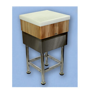 F- Tajo de 4 patas insonorizado de acero-inox (Ref S) con taco de madera fabricado en cuadradillo + 5cm polietileno. Sin portacuchillos. Altura total 85cm. En Blanco (Ref +B) y en Rojo (Ref +R)