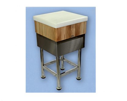 F- Tajo de 4 patas insonorizado de acero-inox (Ref S) con taco de madera fabricado en cuadradillo + 5cm polietileno. Sin portacuchillos. Altura total 85cm. En Blanco (Ref +B) y en Rojo (Ref +R)