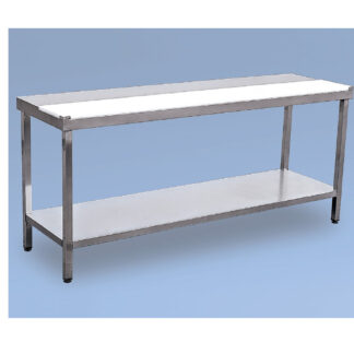 MM- Mesa de acero-inox con sobre mixto CON estante. Con banda de 30cm de polietileno de 2 cm grosor. Altura total 85cm. En Blanco (X=B) o Rojo (X=R)