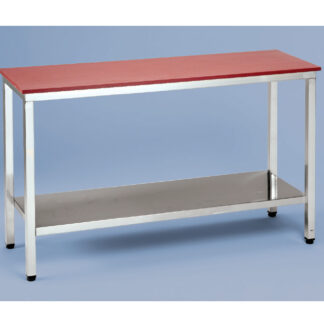 MX- Mesa de acero-inox económica con sobre total de polietileno SIN estante. Con Sobre total de polietileno de 2 cm grosor. Altura total 85cm. En Blanco (X=B) o Rojo (X=R)