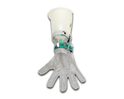 Guantes 5 dedos inox banda nylon con manguito policarbonato. Guantes acero-inox con manguito