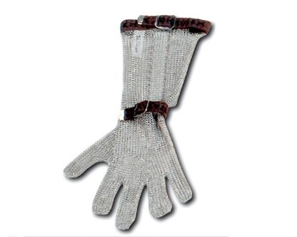 Guantes 5 dedos inox banda nylon con manguito inox 15 cm reversible. Guantes acero-inox con manguito
