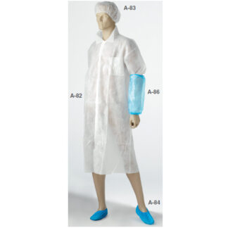 Ropa un solo uso. Gorro circular blanco. Bata blanca de polipropileno. Cubremanga polietileno. Cubrezapatos azul. Bata polietileno visitante. Kit visitante (gorro, bata, cubrezapatos, mascarilla)
