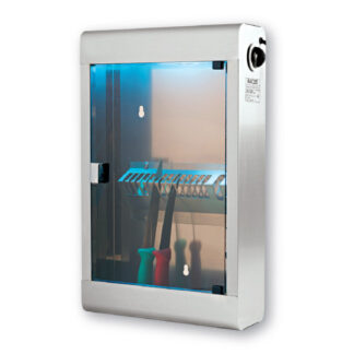 Armario esterilizador ultravioleta Soporte inox 10 cuchillos. Puerta plexiglas transparente ahumado. Lámpara: UVC 15W. Temporizador: reloj 0 a 2 horas. Duración aconsejada 1h 30. Acero-inox.