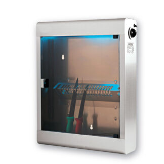 Armario esterilizador ultravioleta Soporte: inox 20 cuchillos. Puerta: plexiglas transparente ahumado. Lámpara: UVC 15W. Temporizador: reloj 0 a 2h. Duración aconsejada: 1h 30. Acero-inox.