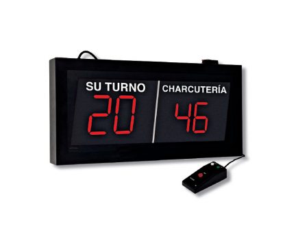 Indicador de turno Panel 2 secciones. 1 Master, 1 repetidor. Visor 2+2 dígitos. Mando con cable. Instalar 1 pantalla por sección.