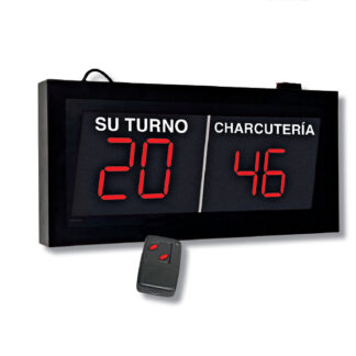 Indicador de turno Panel 2 secciones. 1 Master, 1 repetidor. Visor 2+2 dígitos. Mando a distancia. Instalar 1 pantalla por sección.