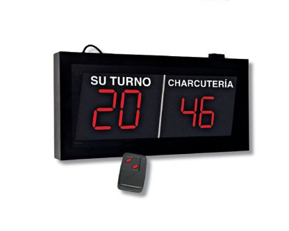 Indicador de turno Panel 2 secciones. 1 Master, 1 repetidor. Visor 2+2 dígitos. Mando a distancia. Instalar 1 pantalla por sección.