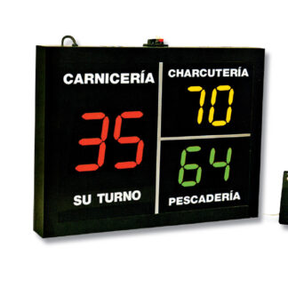 Indicador de turno Panel 3 secciones. 1 Master, 2 repetidores. Visor 2+4 dígitos. Mando con cable. Instalar 1 pantalla por sección.