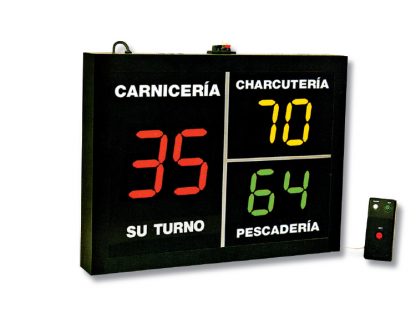 Indicador de turno Panel 3 secciones. 1 Master, 2 repetidores. Visor 2+4 dígitos. Mando con cable. Instalar 1 pantalla por sección.