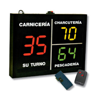 Indicador de turno Panel 3 secciones. 1 Master, 2 Repetidores. Visor 2+4 dígitos. Mando a distancia. Instalar 1 pantalla por sección.
