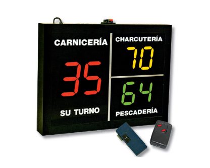 Indicador de turno Panel 3 secciones. 1 Master, 2 Repetidores. Visor 2+4 dígitos. Mando a distancia. Instalar 1 pantalla por sección.
