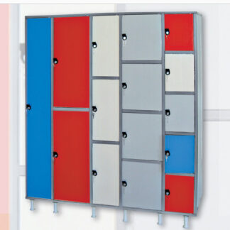 GAMA 300 Cerradura de tipo pitones con 3.120 nº de combinaciones. Cierre central y posibilidad de amaestramiento. Color carcas en gris. Color de la puerta en azul, rojo, beige o gris claro.
