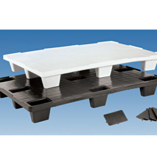 Palet liso reciclado/alimentario negro/blanco Carga dinámica hasta 850 kg. Carga estática hasta 3.400 kg. Superfície apoyo 9 patas
