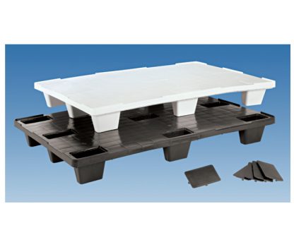 Palet liso reciclado/alimentario negro/blanco Carga dinámica hasta 850 kg. Carga estática hasta 3.400 kg. Superfície apoyo 9 patas