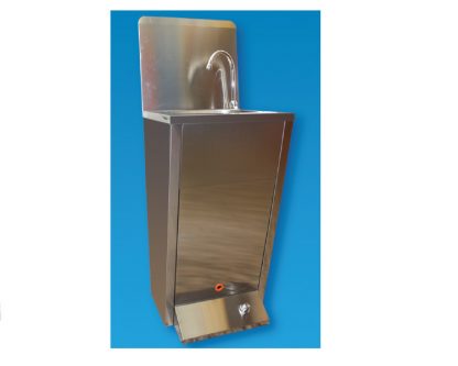 Lavamanos inox con pulsador de pie Mezclador agua fría y caliente. Caño giratorio. Alto mas 30 cm de PETO