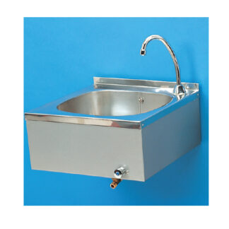 Lavamanos inox mural Pulsador de rodilla. Mezclador agua fría y caliente. Caño fijo.