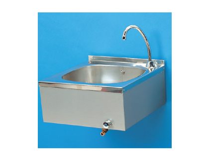 Lavamanos inox mural Pulsador de rodilla. Mezclador agua fría y caliente. Caño fijo.
