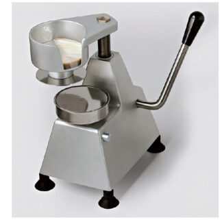 Máquina hamburguesera semiautomática Molde acero 1 unidad inox. Tipo papel celofán ref. PH-6. Contenedor para papel celofán incorporado. Funcionamiento: mediante brazo de mando que permite de modo sincronizado la compresión y extracción de la hamburguesa.