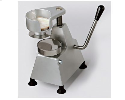 Máquina hamburguesera semiautomática Molde acero 1 unidad inox. Tipo papel celofán ref. PH-6. Contenedor para papel celofán incorporado. Funcionamiento: mediante brazo de mando que permite de modo sincronizado la compresión y extracción de la hamburguesa.