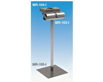 Dispensador para bolsas en rollo de 500 unidades, Dispensador porta guantes inox, PapeIera inox para ref. MR-105-I, Soporte de fijación inox. para réf. MR-103- I/104-I, Dispensador inox 2 brazos para rollo bolsas