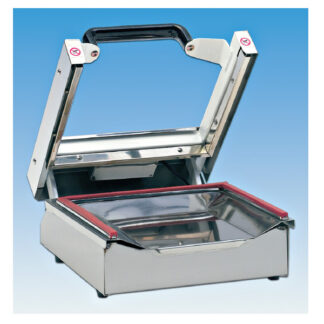 Máquina selladora en "U" Regulador de temperatura, acero-inox - epoxi blanco, posición sobre mesa.