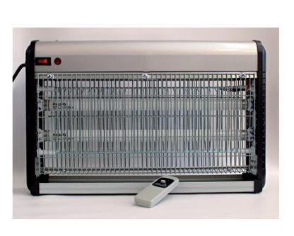 Exterminador de insectos por descarga eléctrica Con mando a distancia, posición suspendido ó sobre su base, materál ABS-Aluminio.