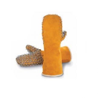 Manopla anticalor con malla metálica 500º Serraje vacuno amarillo. Palma reforzada con malla metálica, forro aislante, longitud 40 cm
