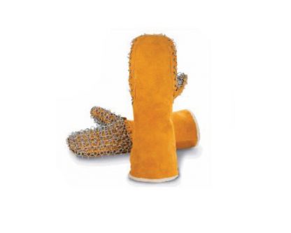 Manopla anticalor con malla metálica 500º Serraje vacuno amarillo. Palma reforzada con malla metálica, forro aislante, longitud 40 cm