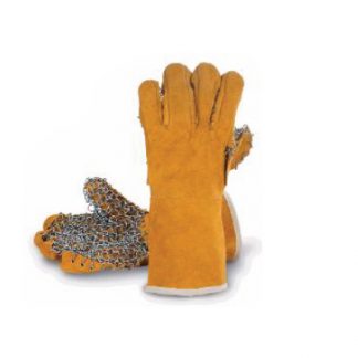 Guantes anticalor con malla metálica 500º. Serraje vacuno amarillo, palma reforzada con malla metálica, forro aislante, longitud 33 cm.