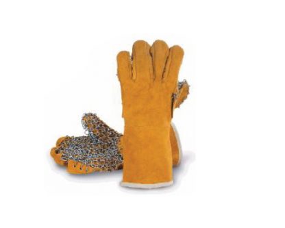 Guantes anticalor con malla metálica 500º. Serraje vacuno amarillo, palma reforzada con malla metálica, forro aislante, longitud 33 cm.