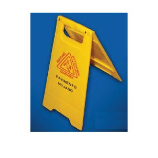 Triángulo dos caras "Peligro suelo mojado". Material ABS amarillo. 62x30 cm