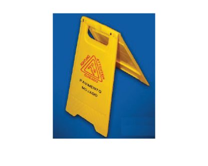 Triángulo dos caras "Peligro suelo mojado". Material ABS amarillo. 62x30 cm